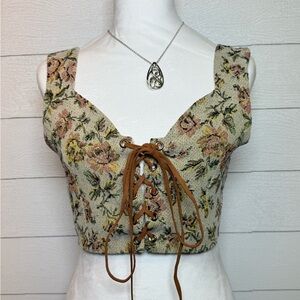 Cider Floral Lace-Up Crop Corset Top in Beige Size Medium